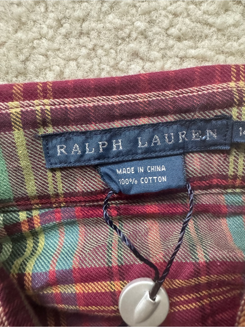 New RALPH LAUREN Size 14 Red & Green Plaid Cotton Blouse Puff Sleeves - Picture 4 of 8